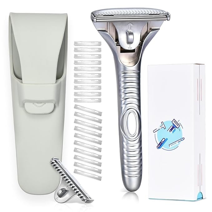 Magnetic Safety Razor for Men Single Blade Face Shaver with 2 Interchangeable Heads Smooth Roller Design Durable Metal Safety Razor Kit with 20 Blades - Pearl Chrome