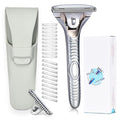 Magnetic Safety Razor for Men Single Blade Face Shaver with 2 Interchangeable Heads Smooth Roller Design Durable Metal Safety Razor Kit with 20 Blades - Pearl Chrome