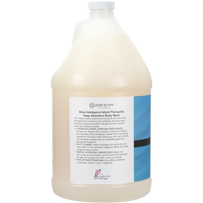 Ginger Lily Farms Botanicals Shea Indulgence Deep Hydration Body Wash Island Tranquility 100% Vegan &amp Cruelty-Free Green Tea &amp Lemongrass Scent 1 Gallon (128 fl oz) Refill