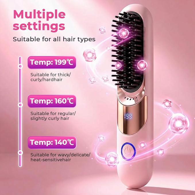 Wireless Ceramic Heating Hair Straightening Comb Portable Hair Straightening Brush Rechargeable Straightener Comb Fast Heating Straightener Brush for Travel Home (B_Pink)