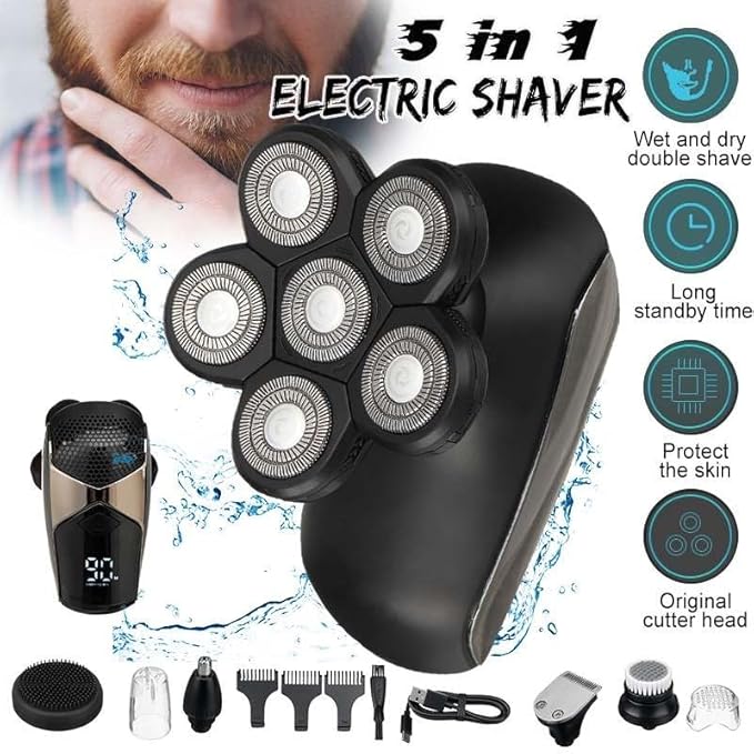 Head Shavers for Bald Men 5 in 1 4D Electric Razor Electric Shaver Rechargeable 6 Floating Heads Shaving Machine for Men Beard Razor Wet-Dry Dual Use