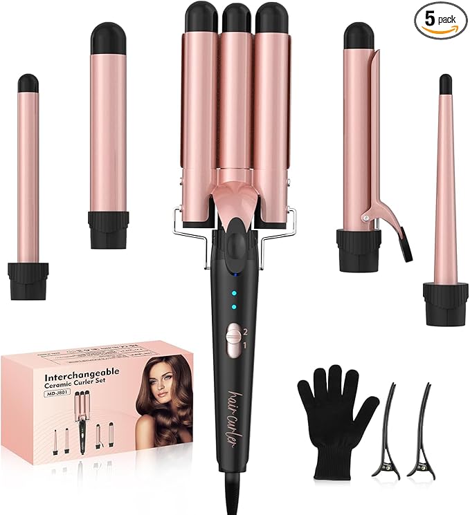 Curling Iron Set Professional 5 in 1 Curling Wand with 3 Barrel Hair Waver Dual Voltage Hair Curler Instant Heating Temp Adjustment for Wavy/Air Bang/Ringlet/Spiral with Heat Resistant Glove
