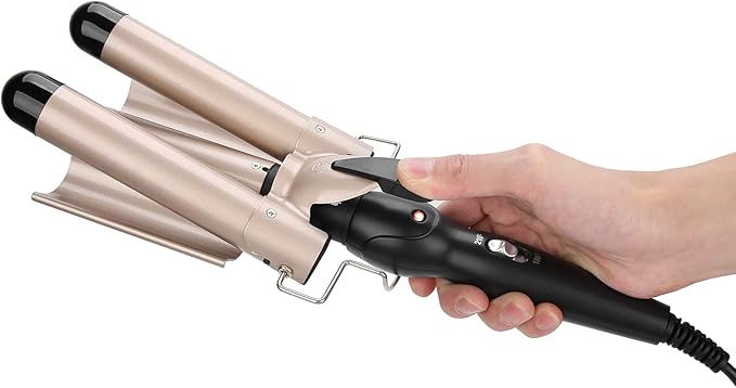 Hair Curling Tongs 3 Hair Curler Tourmaline Hair Curling Iron with 2 Temperature Class Quick Heating Electric Hair Waver Hair Styling Tool Golden Hair Crimpers(28mm)