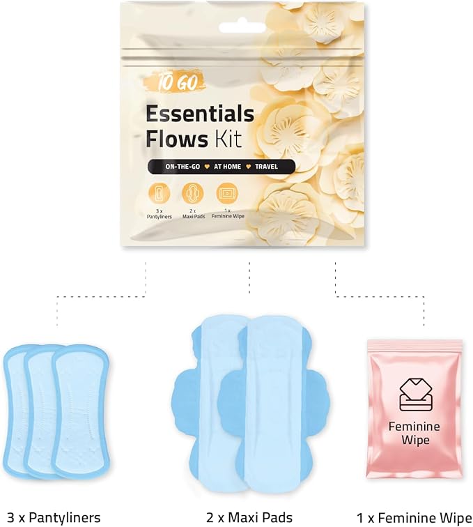 Essential Flow Kit – Case of 60 Individually Packed Period Kits for Schools Students &amp Emergency Needs | Includes 3 Pantiliners 2 Maxi Pads &amp 1 Feminine Wipe in a Discreet Zip Bag (Orange)