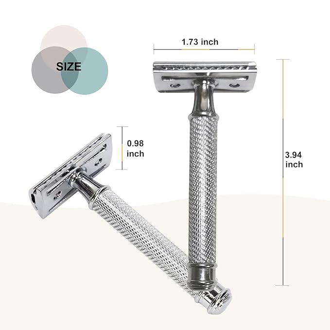 Double Edge Safety Razor Set With 20 Blades Stand Heavy Duty Kit for Men's Everyday Use and Smooth Close Shave (Silvery)