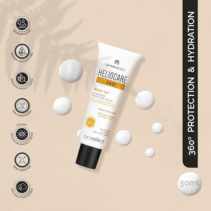 Helio-care 360º Water Gel SPF 50+ PA++++ Sunscreen | Ultra-Light Hydrating Sunscreen for Dry &amp Dehydrated Skin | Hyaluronic Acid | Water &amp Sweat Resistant | No White Cast | 50ml
