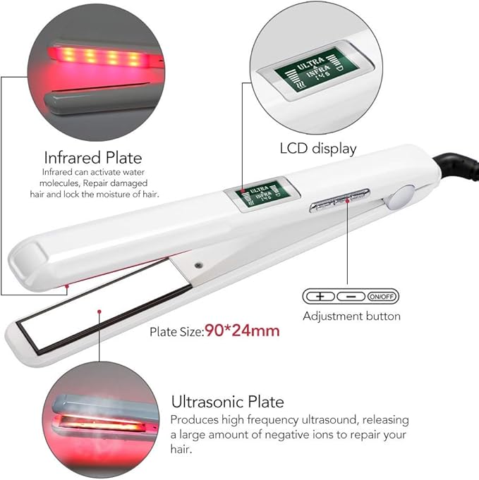 Professional Ultrasonic Infrared Hair Care Cold Flat Iron Hair Straightener Treament Tool Instant Heat Up Adjustable Temperature Recovers The Damaged Hair LCD Display Dual Voltage (White)