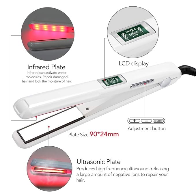JUKEY Hair Straightener Infrared with Ultrasonic Care Iron Cold Treatment Recovers Damaged Hair and Shiny Hair Restoration LCD Display Dual Voltage Auto Off -White 13 x 2.4 x 1.8 Inch