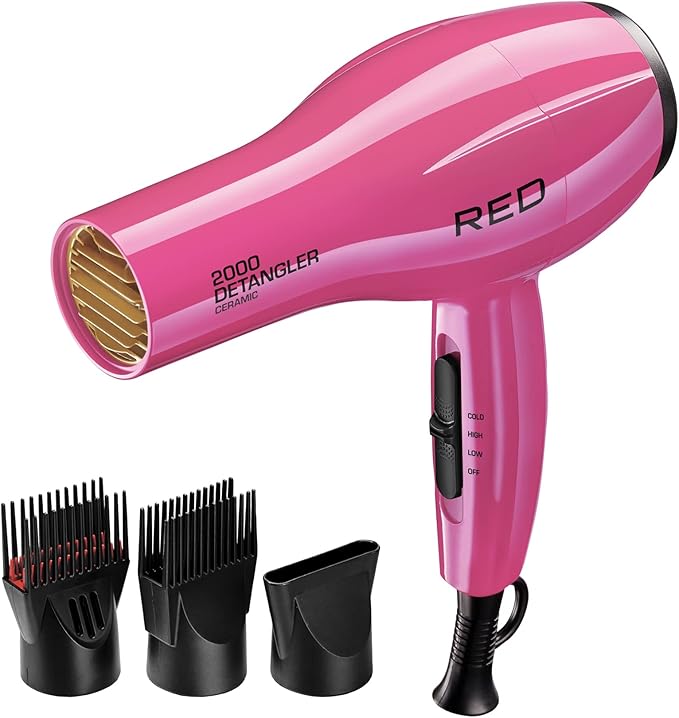 RED by KISS 2000 Ceramic Hair Dryer Professional Salon Blow Dryer 2 Detangler Pik Attachments Tourmaline Technology 3 Heat Settings Easy Storage Loop (Pink)