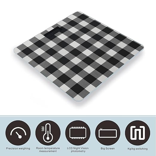 Black and White Plaid Bathroom Scale for Body Weight LCD Display Digital Bathroom Scale Tempered Glass Bathroom Weight Scales Fashion Smart Scales for Home Bedroom 400 Lb