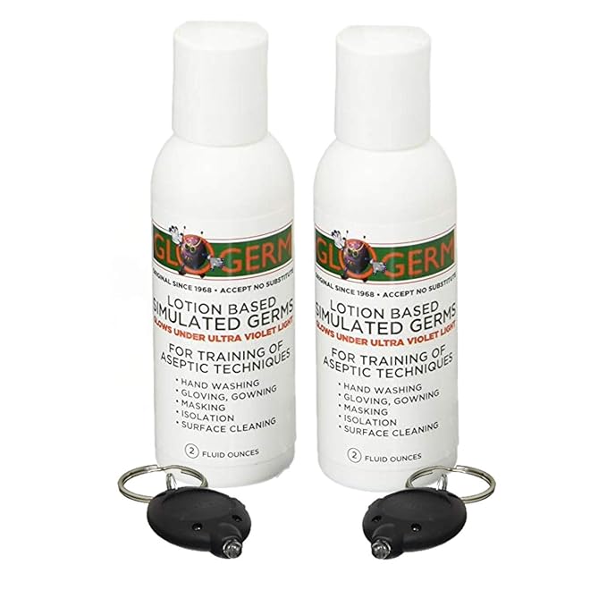 Glo Germ Mini Gel Kit 2 Pack (Two 2 oz Bottles Two UV Light Keychains) - Gel Lotion Based Simulated Germs - Helps Promote Better Hand Washing Habits - Training for Aseptic Techniques - Double Pack