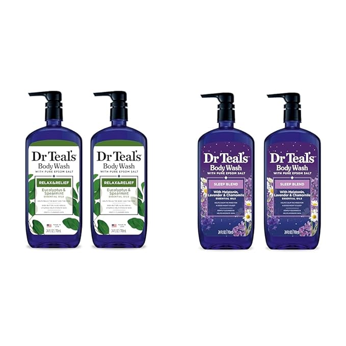 Dr Teal's Body Wash Bundle with Epsom Salt (24 fl oz Pack of 2) - Eucalyptus &amp Spearmint and Melatonin &amp Essential Oil Blend