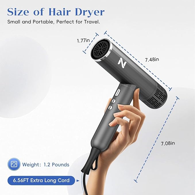 Natrial Professional Blow Dryer Featuring Three attachments a Powerful brushless Motor and Lightweight Construction for Quieter use Black