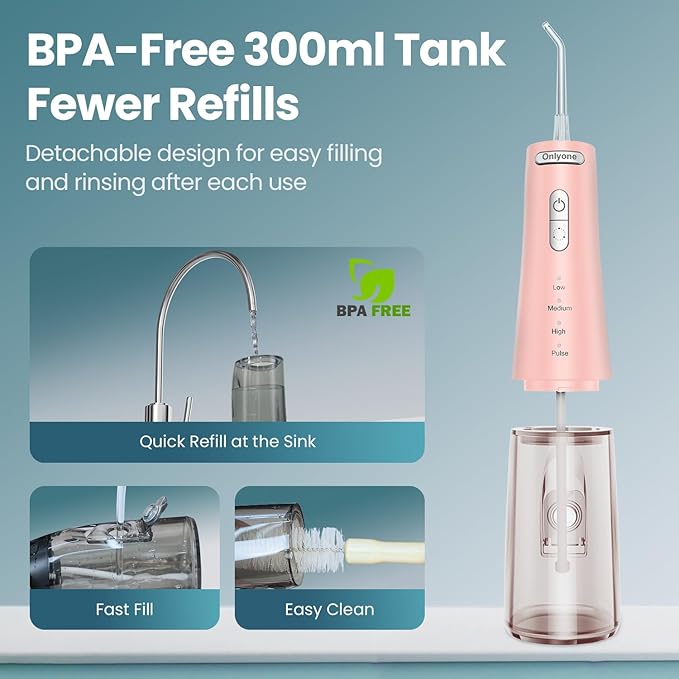 Onlyone Water Dental Flosser Pick for Teeth 300ML Portable Oral Irrigator Rechargeable Travel Irrigation Cleaner Professional Electric Flossing Machine Birthday Gifts for WomenMomGirlfriend Pink