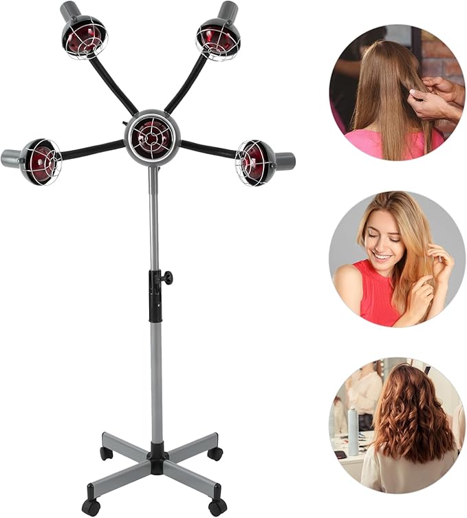 750W 110V 5 Head Infrared Heat Lamp Adjusting Height Styling Perming Dryer with Wheels Hairdressing Heater for Barber Shops Beauty Salons (Silver-Grey)