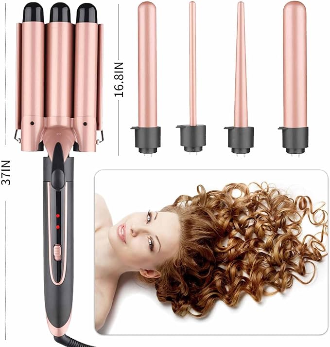 Curling Iron - 3 Barrel Hair Crimper Iron - 5 in 1 Curling Wand Hair Wand with Fast Heating Up - Crimper Wand Curler for All Hair Types Heat Protective Glove &amp 2 Clips Included