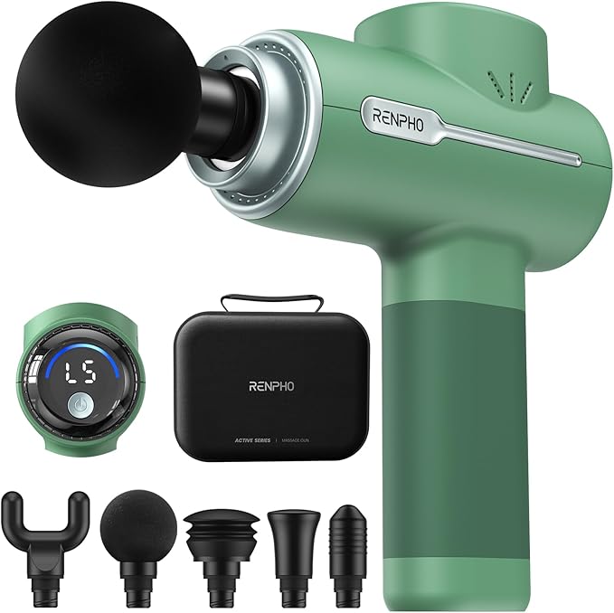 RENPHO Active Massage Gun Deep Tissue Percussion Massager for Back and Neck Portable Handheld Massager with 5 Speeds 5 Attachments Carry Case Green