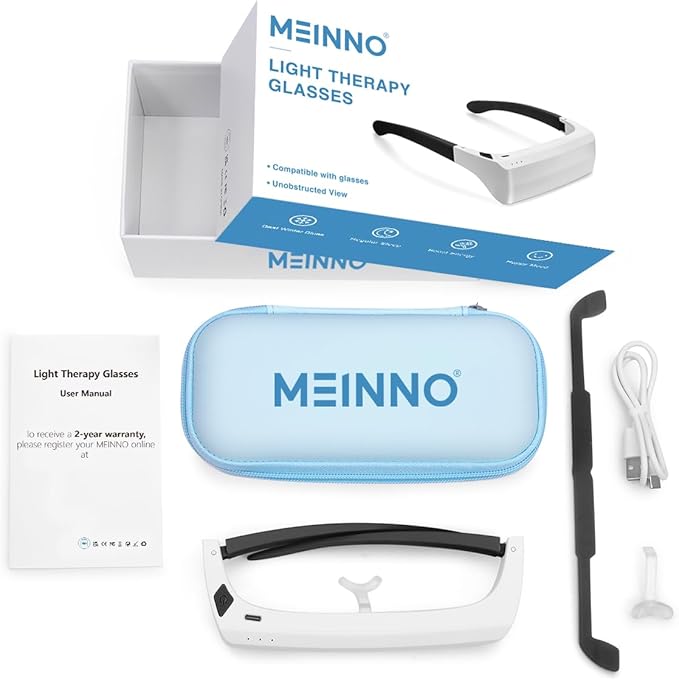 GentleGlow MEINNO Light Therapy Glasses Blue-White UV-Free Light Therapy Lamp Portable Daylight Lamp Wearable Sunlight Lamp Boost Energy Relief for Sleep Problems Jet Lag
