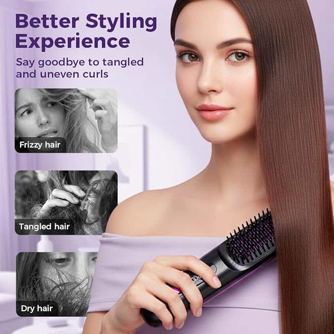 Go Brush Cordless Hair Straightener 2026 Go Brush Portable Cordless Hair Straightener Brush with LCD Temperature Display Fast Heating Straightener Brushs for Travel and Daily Use (Purple)