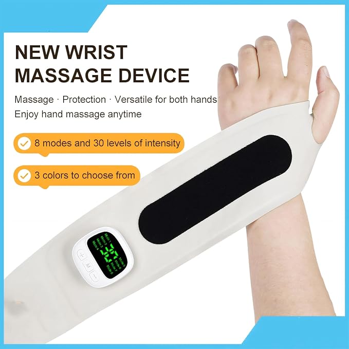 Wrist Massager for Carpal Tunnel and Arthritis Relief Cordless Electric Hand Massager Hand Heating Pad with 8 Modes Ergonomic 360° Support for Typing Fatigue and Joint Discomfort (Blue)