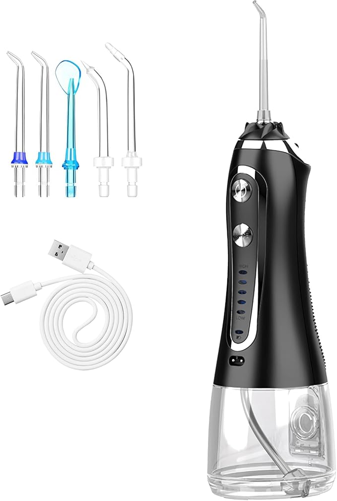 Portable Water Dental Flosser Cordless Rechargeable Dental Oral Irrigator IPX7 Waterproof Teeth Cleaner with 5 Modes 5 Nozzles 10.14oz Detachable Wate