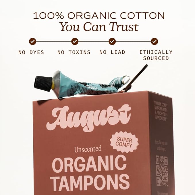 August Super Tampons - 72-Pack 100% Organic Cotton Tampons for Women and Anyone Who Menstruates Non-Toxic Fragrance-Free and Hypoallergenic with Long Applicators (3 Boxes of 24)