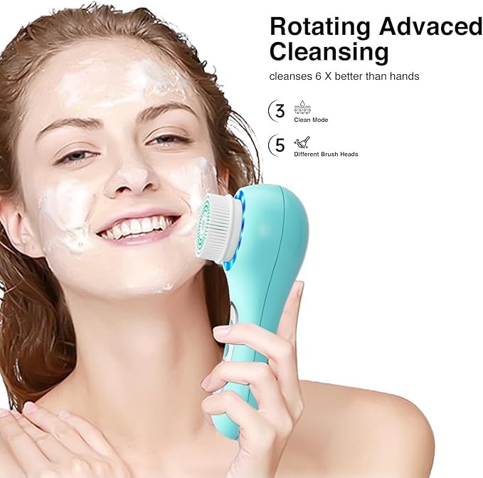 Electric Facial Cleansing Brush 2-Way Rotating Face Scrubber for Daily &amp Deep Cleaning 3 Modes 5 Brush Heads Rechargeable IPX7 Waterproof for All Skin Types