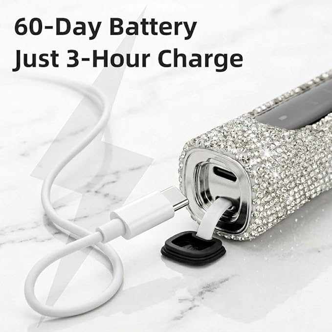 Diamond Sonic Electric Toothbrush Bling Rechargeable Toothbrushes for Adults with 6 Brush Heads Vibrating Toothbrush-5 Modes USB-C Fast Charge2Min Smart TimerIPX7 Waterproof(White)