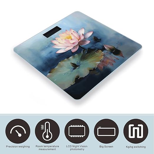 Lotus Flower PaintingScale for Body Weight with LCD High Precision Weighing Scales Fashion Sturdy Tempered Glass Weight Scales Easy-to-Read Digital Bathroom Scale for Daily 400lb