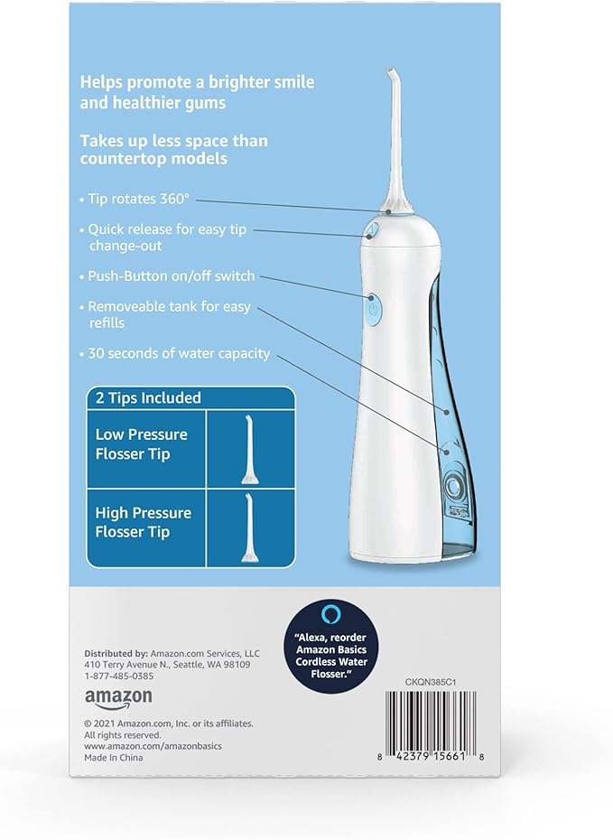 Amazon Basics HydroClean Portable Cordless Water Flosser for Teeth and Gums 2 Pressure Tips Removable Tank 30 Seconds Water Capacity 2 AA Batteries Included