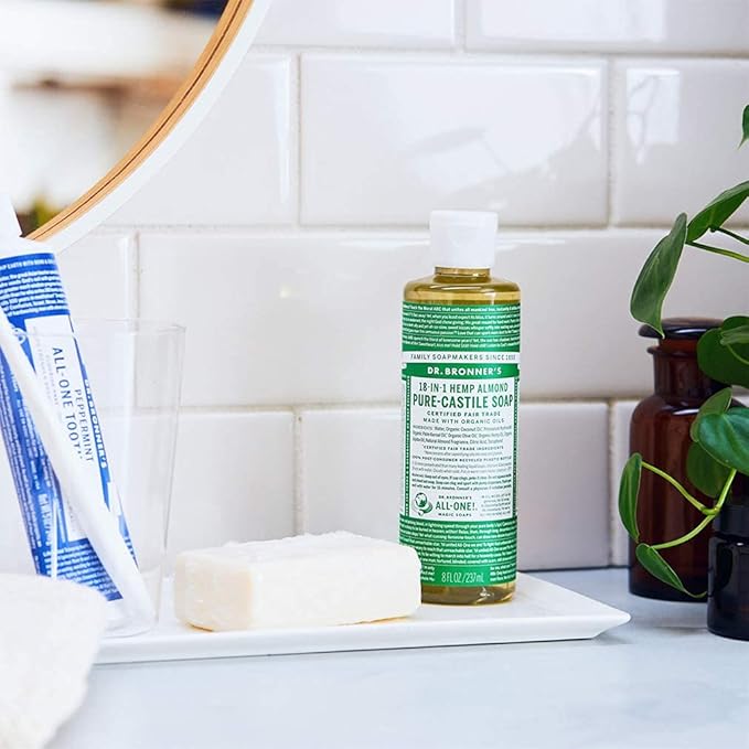 Dr. Bronner's - Pure-Castile Liquid Soap (Almond 32 ounce) - Made with Organic Oils 18-in-1 Uses: Face Body Hair Laundry Pets and Dishes Concentrated Vegan Non-GMO