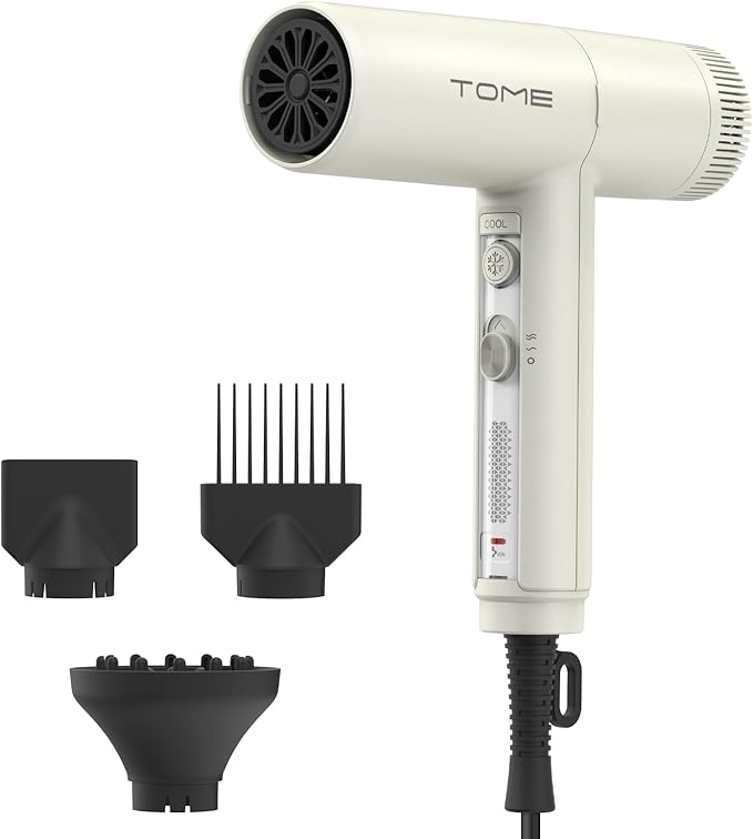 TOME Hair Dryer 1875W High-Speed EC Motor 110000 RPM Ionic Blow Dryer Fast Drying Cool Shot Lock 3 Heat 2 Speed 3 Attachments (Styling Nozzle Comb Nozzle Diffuser) 125V White