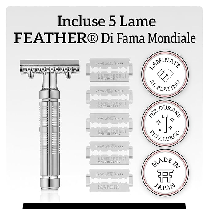 Mr. Fine Premium Double Edge Safety Razor for Wet Shaving Single Blade Razor Close Shave Open-Comb Guard 100% Metal w/Stainless Steel Core 5 Feather Blades
