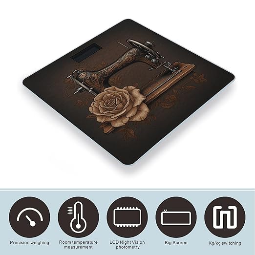 Rose and Sewing Machine Weight ScaleClear LED Display Bathroom Digital Weighing ScaleTempered Glass Digital Bathroom Scale for Body Weight Capacity Up to 400 Lbs
