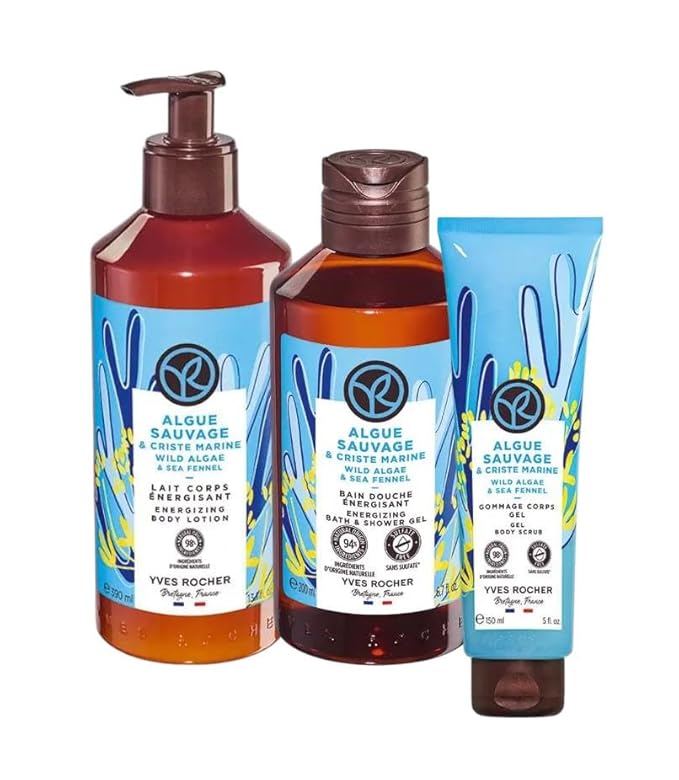Yves Rocher Wild Algae &amp Sea Fennel Shower Gel Body Nourishing Milk Body Scrub Exfoliating Cream Women Day Care 200 ml./6.7fl.oz. 390 ml./13.2 fl.oz. 150 ml./5 fl.oz. Set of 3 Best Gift Kit