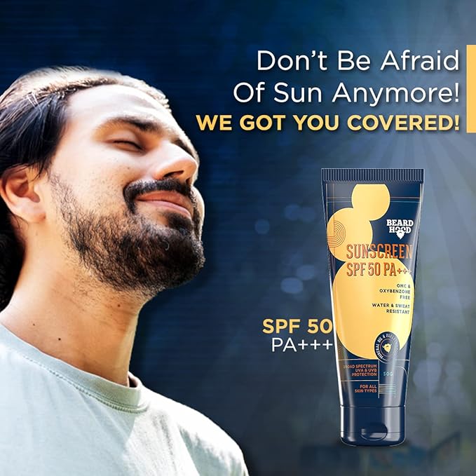 Beardhood SPF 50 PA+++ Sunscreen For Men | Non Greasy Water &amp Sweat Resistant | OMC &amp Oxybenzone Free | Suitable for all Skin Types 50g