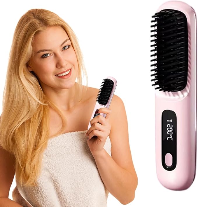 2025 Cordless Hair Straightener Brush – 3 Heat Settings USB Rechargeable 2-in-5 Straightener &amp Curler Ionic Anti-Static for All Hair Types