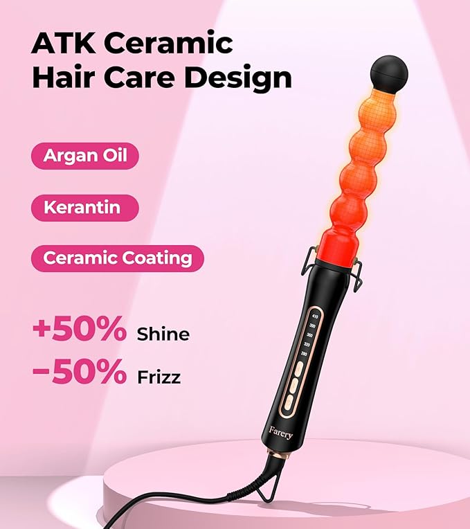 Farery Bubble Curling Wand for Long Hair - 32mm Springless Barrel for Defined Spiral Curls &amp Waves Ceramic Coated for Smooth Shine Includes Heat Resistant Glove 5 Temp Settings Dual Voltage