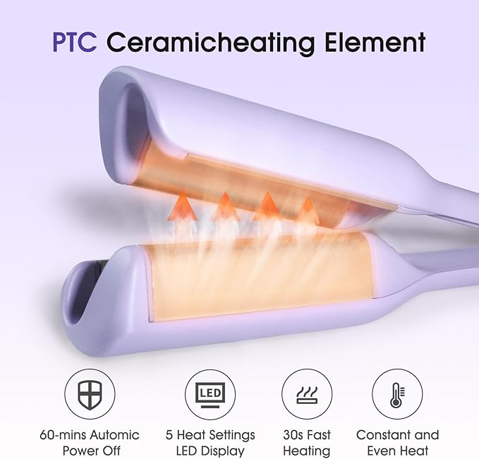 Beach Waves Curling Iron 1.4 Inch Double Barrel Waver Ceramic Wave Iron for Hair Crimper for Women Anti-Scald Dual Voltage Wavy Iron Deep Waver Hair Tool Purple