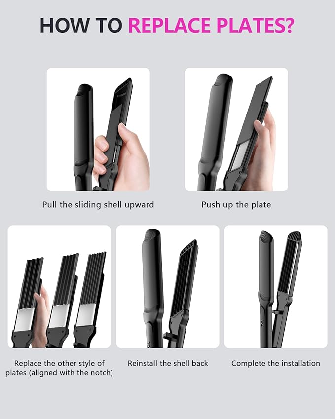 Hair Crimper Waver Professional Hair Straightener Beach Waves Curling with 4 Interchangeable Ceramic Plates | Auto Temp Control for All Hair Types | Quick Heat Wide Plate Styling Tool &amp Straighte