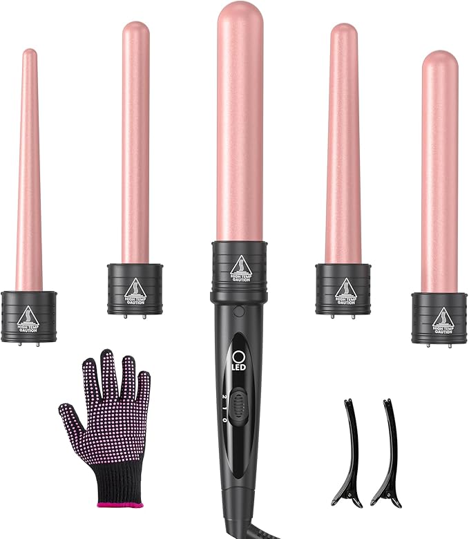 5 in 1 Curling Iron Wand Set Hair Curling Iron Interchangeable Ceramic Barrels (0.35 to 1.25 Inch) Barrel Heat Protective Glove 2 Clips Dual Voltage Hair Curler for Girls Women Gift - Rose Gold