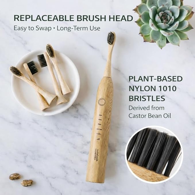 Sustainable Tomorrow Zen Bamboo Electric Toothbrush Durable Wood-Grain ABS Handle Rechargeable w/Plant-Based Soft Bristles Bamboo Heads 5 Modes &amp 30-Day Battery