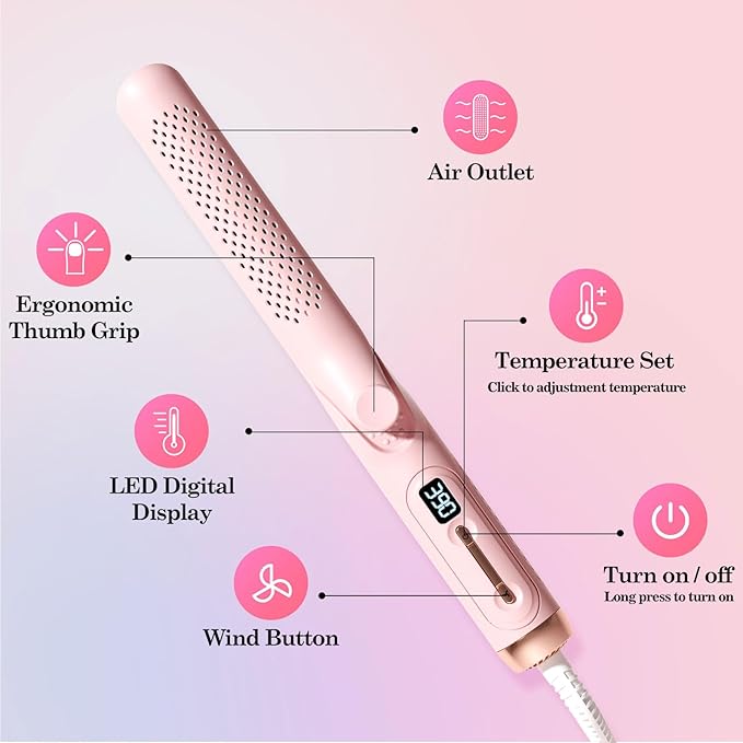 Hahahope Hair Straightener Curler 2-in-1: 1.25 Flat Iron for Women - Curling Wand 360° Airflow Cooling Vents Titanium Ionic for Less Frizz - 5 Temps &amp Auto Off Dual Voltage (Pink)