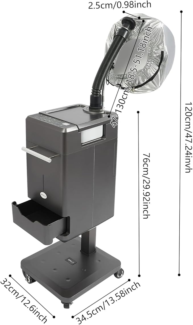 Vertical Nano Hair Steamer | Nano Steamer Hair Dyeing Machine | 500W Nano Hair Steamer Hair Color Processor | Standing Hair Steamer with Timer | 4 Wheels | 7 Levels Temperature| 1x Evaporation Cap