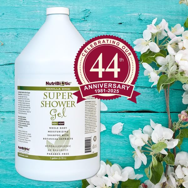 NutriBiotic – Vanilla Chai Super Shower Gel 1 Gallon (128 Fl Oz) | Whole Body Shampoo with GSE &amp Botanical Extracts | pH Balanced Non-Soap &amp Free of Gluten Parabens Sulfates Dyes &amp Co