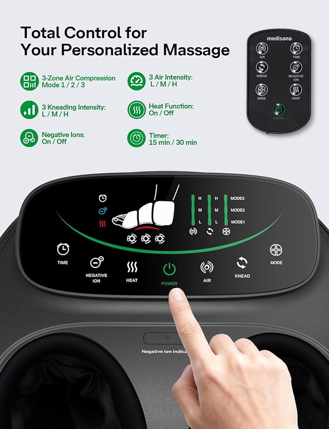 Medisana Shiatsu Foot Massager with Heat Air Compression Kneading &amp Negative Ion for Plantar Fasciitis Neuropathy Wireless Control Birthday Christmax Gifts for Women Men Up to Foot Size 13