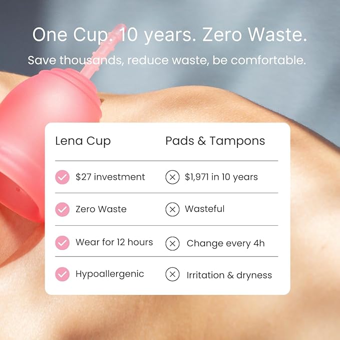 Lena Menstrual Cup Original - Soft Medical-Grade Silicone Period Cups for Women Heavy Flow Reusable and Comfortable 12-Hour Leak-Free Protection Beginner-Friendly Feminine Care - Large Pink