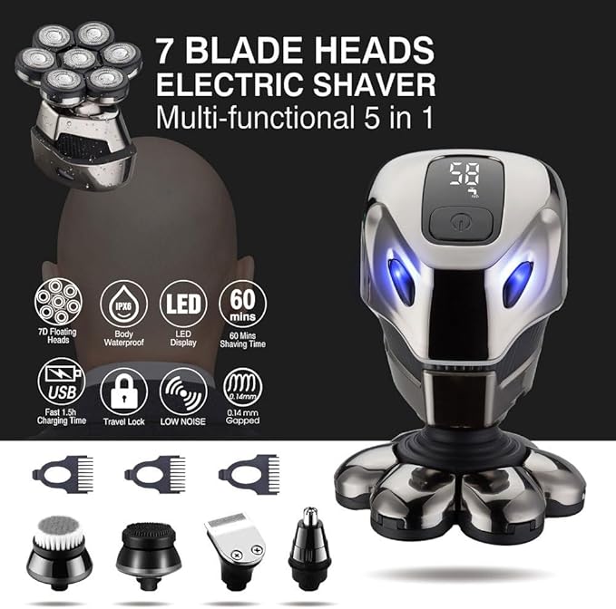 Head Shavers for Bald Men 6-in-1 Men Electric Razor Shaver Bald 7 Cutter Head Shaver Multifunctional Razor Alien Shape IPX6 Waterproof Grooming Kit