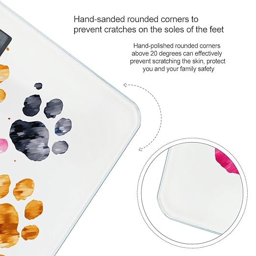 Colorful Dog Paws Scale for Body Weight Safe Rounded Corners Tempered Glass Digital Bathroom Scale LED Display 400lb Capacity Weight Scales with High Precision Sensors