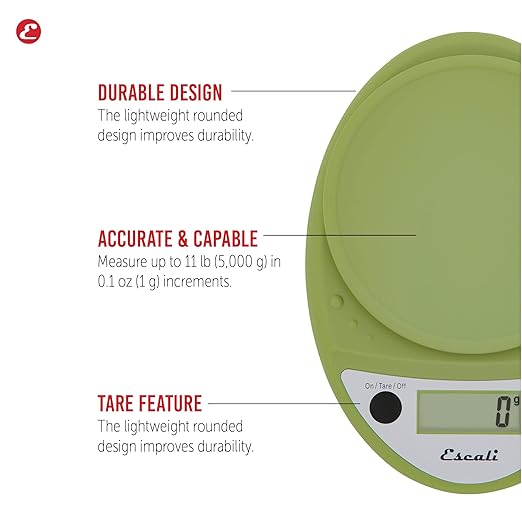Escali Primo Digital Food Scale Multi-Functional Kitchen Scale and Baking Scale for Precise Weight Measuring and Portion Control 8.5 x 6 x 1.5 inches Tarragon Green